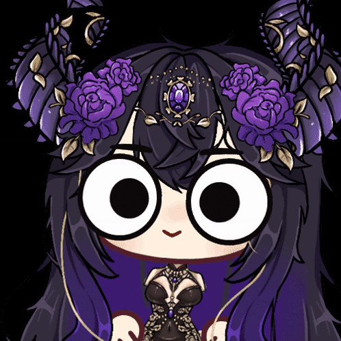 a cartoon drawing of a girl with purple flowers in her hair
