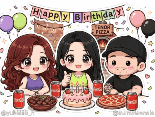 a cartoon drawing of three people celebrating their birthday at tenor pizza