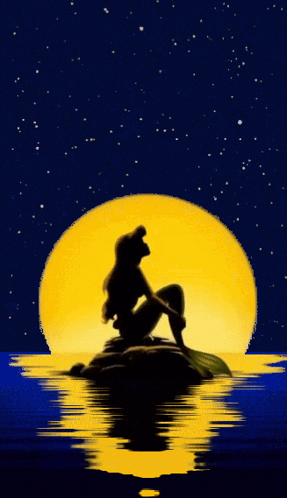 a silhouette of a mermaid sitting on a rock looking at the moon