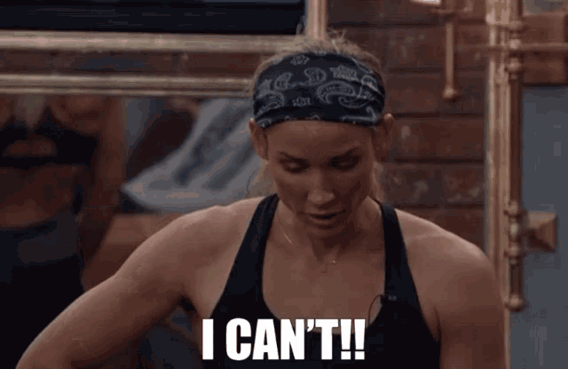 a woman with a bandana on her head says i can 't '