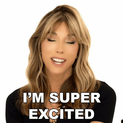 a woman says " i 'm super excited " in front of a white background