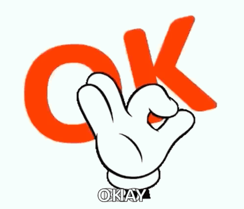 A white-gloved cartoon hand forms an OK gesture beside bold red “OK” letters.