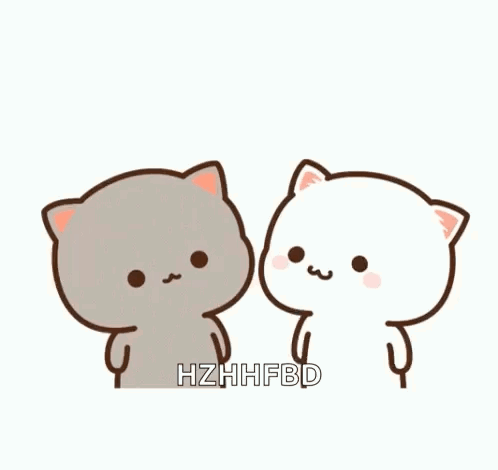Two small Peach and Goma cartoon cats stand bashfully together.
