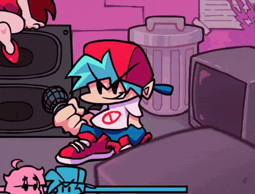 a cartoon character is holding a microphone in front of a trashcan