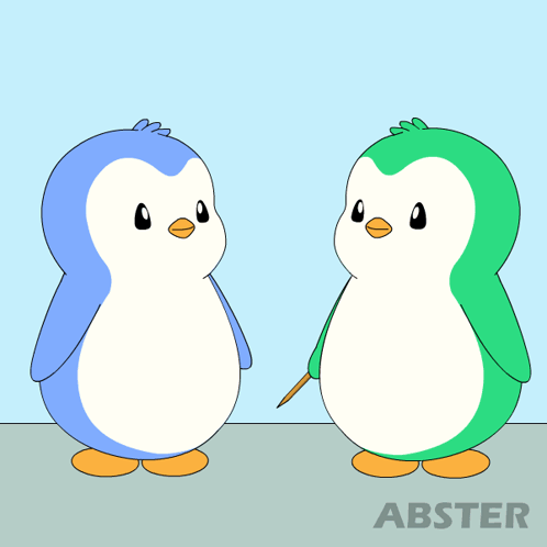 A blue and green cartoon penguin face each other tensely.