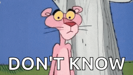 a pink panther with glasses is standing next to a tree and the words `` do n't know '' .