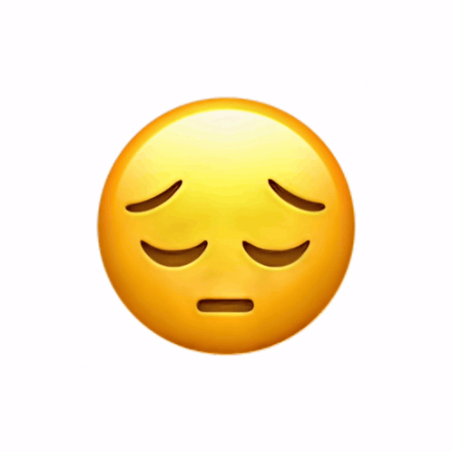 A weary yellow face emoji looks down with a fake-sad expression.