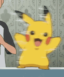 Pikachu bounces with its arms raised in excitement.