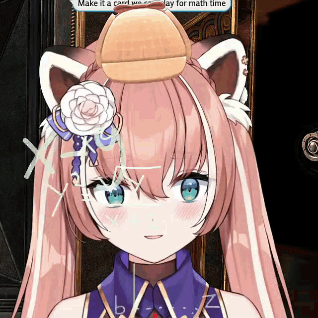 a girl with a flower in her hair is wearing a hat that says " make it a card " on it
