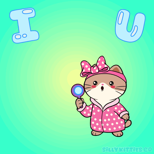 A small dressed-up cartoon cat waves beneath large “I” and “U” letters.