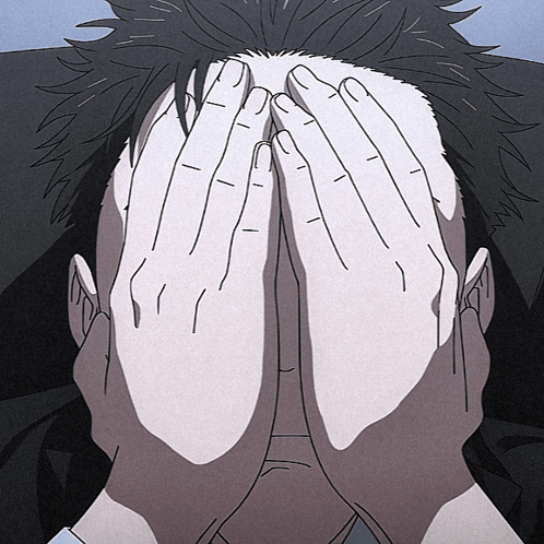 An anime character covers his face with both hands in defeat.