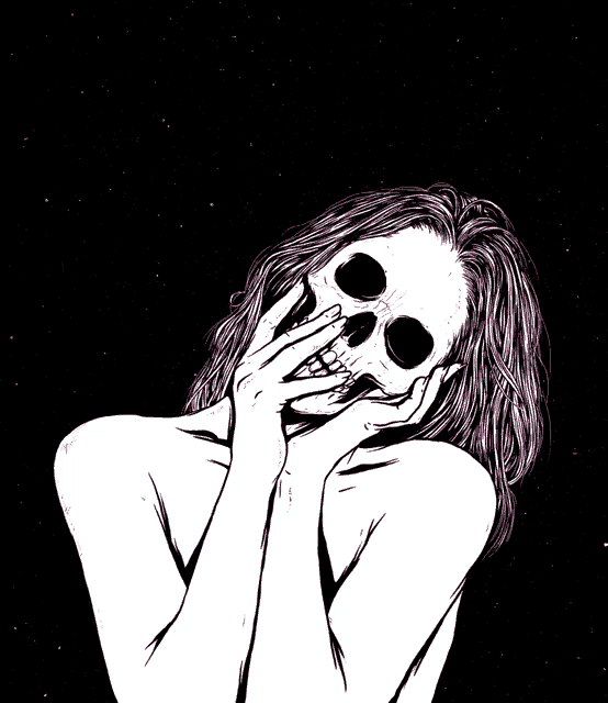 a black and white drawing of a woman with a skull on her face