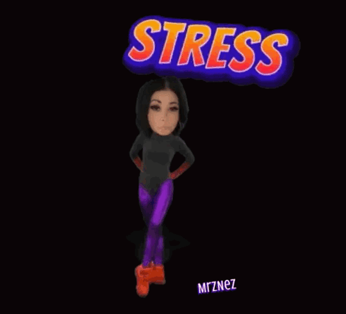 A stylized avatar stands beneath a large “STRESS” caption.