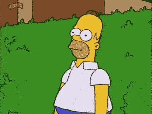 Homer Simpson backs into a green hedge until he disappears.