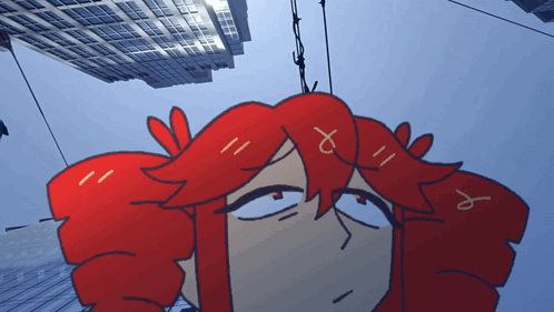 a cartoon drawing of a girl with red hair and the letters x and y on her forehead