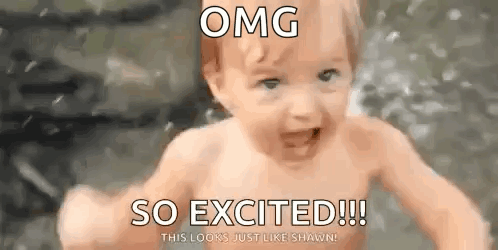 A wet baby splashes in water with “OMG SO EXCITED!!!” text.