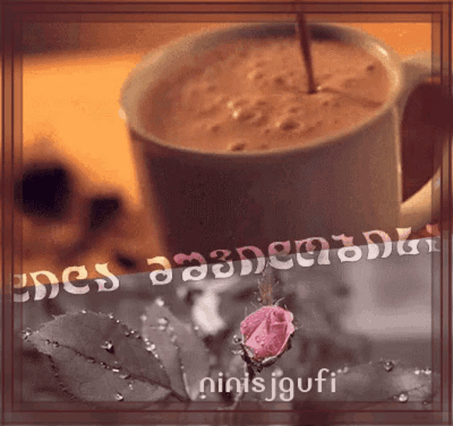 a picture of a cup of coffee and a rose with the words " minisjgufi " written on the bottom