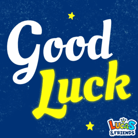 Blue script lettering spells “Good Luck” over a starry blue background.