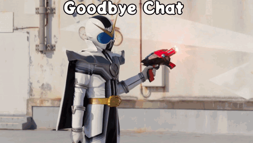 a man in a superhero costume holding a gun with the words goodbye chat above him