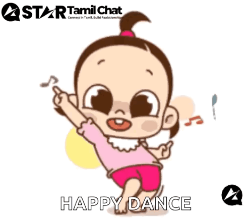 A diapered cartoon child dances with arms spread, captioned “HAPPY DANCE.”