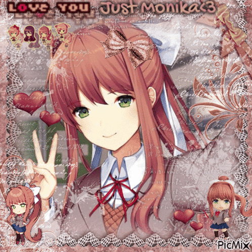 a picture of a girl with the words love you just monika < 3