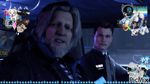 a picture of two men in a car with a robot in the background that says picmix