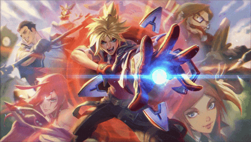 Battle Academia Ezreal fires a glowing blue blast amid an action-filled anime scene.
