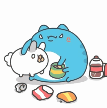 a cartoon drawing of a cat and a blue cat eating food