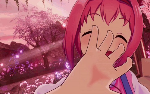 Haru Urara raises a hand in front of pink flowering trees.