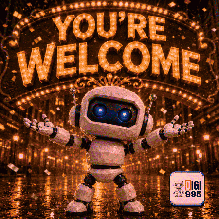 a robot standing in front of a sign that says " you 're welcome "