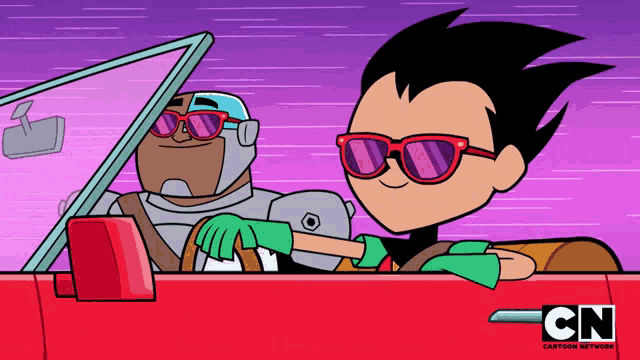 two cartoon characters are driving a red car with the cn logo on the side