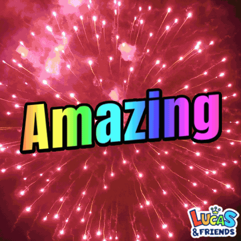 Bright fireworks explode behind large rainbow “Amazing” text.