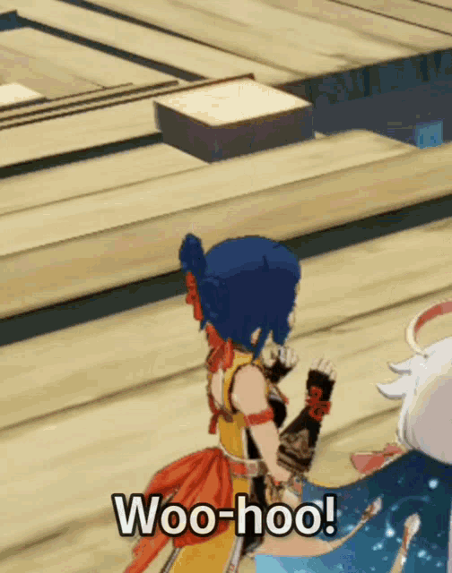 a video game character is saying woo-hoo while standing next to another character