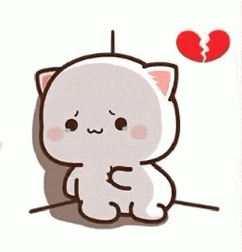 A tiny cartoon cat sits beneath a broken red heart.