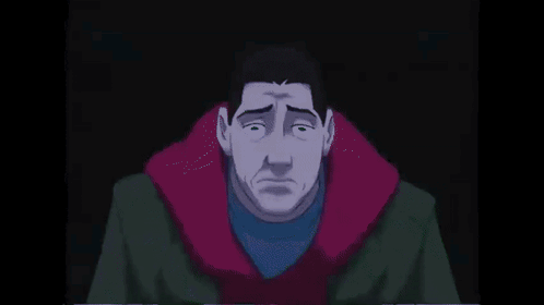 a cartoon of a man with a sad look on his face and a purple collar .