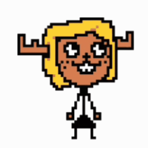 a pixel art of a cartoon character wearing a green hat and a pink sweater .