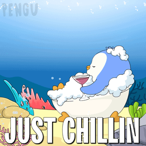 A cartoon penguin relaxes in a foamy bath with “JUST CHILLIN.”