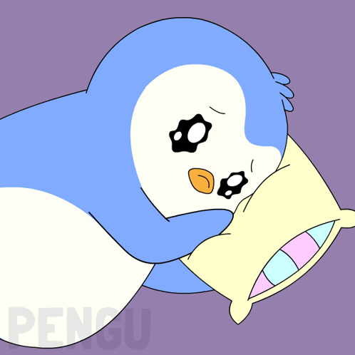 A blue-and-white cartoon penguin hugs a pillow and cries.