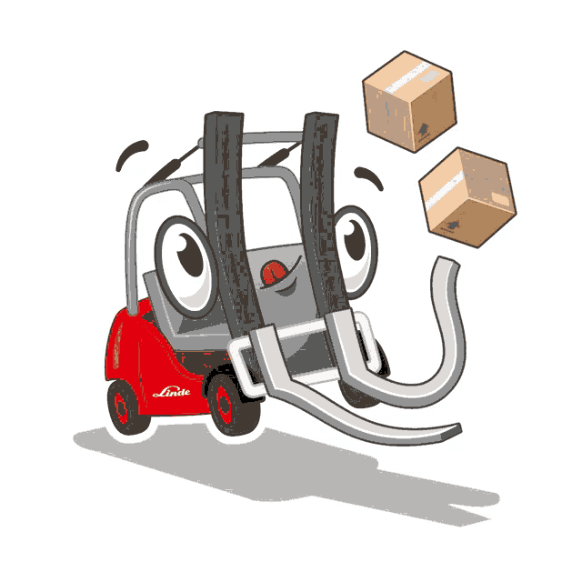 a cartoon illustration of a linde forklift with boxes falling from it