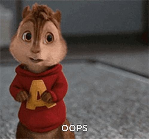 Alvin stands wide-eyed in a red hoodie beneath the caption “OOPS.”