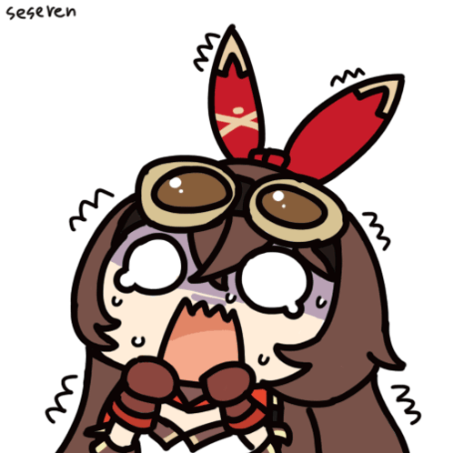 Amber from Genshin Impact cries anxiously while wearing goggles and bunny ears.