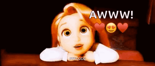 A wide-eyed animated puppy rests its chin on a surface beneath “AWWW!”