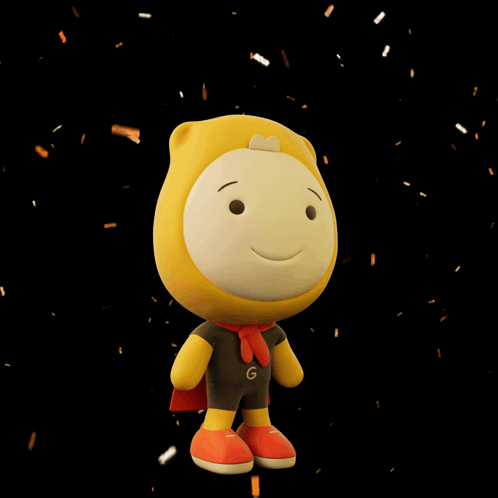 a yellow stuffed animal with the word surprised behind it