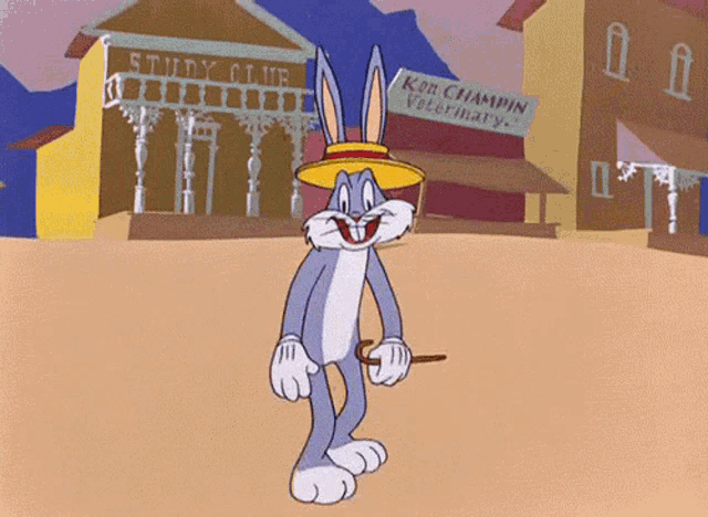 a cartoon of bugs bunny in front of a ken champin veterinary