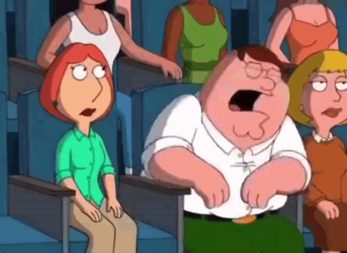 Peter Griffin slumps in a cinema seat looking uncomfortable.