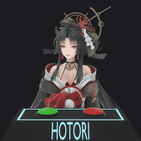 a girl in a kimono is sitting at a button that says hotori