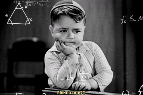 A child sits before a chalkboard of equations, looking bored and puzzled.