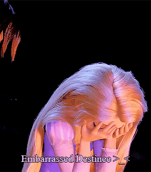 Rapunzel bows her pink-haired head beneath an “Embarrassed…” caption.