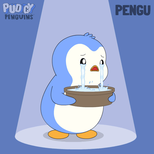 A blue penguin holds a cake while crying under a spotlight.