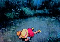 A small cartoon cat lies face-down in a rainy blue scene.